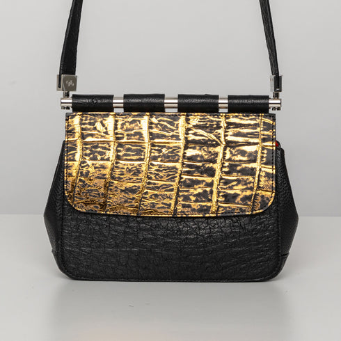 Mini Crossbody <br> Coccodrillo Nero Oro, Struzzo